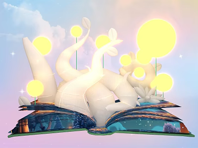 Dreamy Open Book Fantasy Photo Spot with White Curved Plants Glowing Orbs and Stars 3d model
