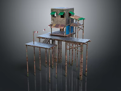 Elevated Scenery Featuring Stilted House Rusty Metal Pillars Wooden Platforms Green Awnings And Colorful Flags 3d model