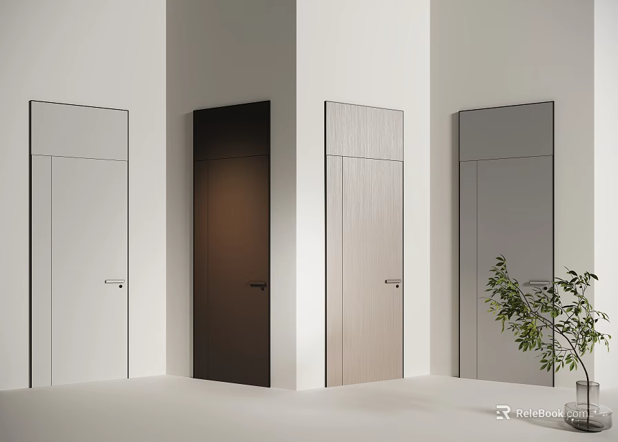 Modern Hinged Doors In White Brown Gray And Wooden Finishes With Indoor Plant 3d model 