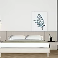 Modern Double Bed with Light Headboard White Pillows Nightstands and Blue Leaf Wall Art