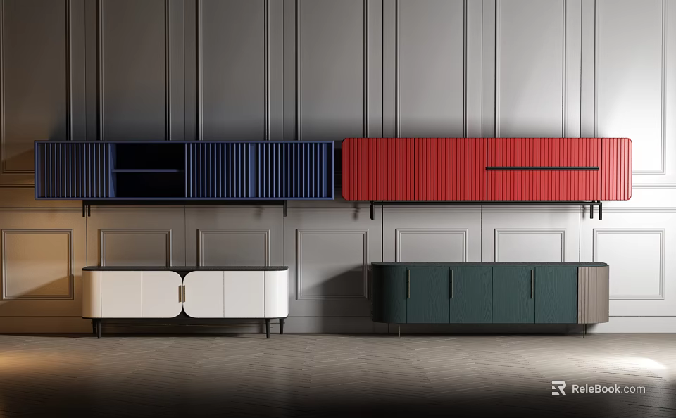Modern TV Stand Design With Vertical Stripes Multiple Colors Wall Mounted And Floor Units 3d model 