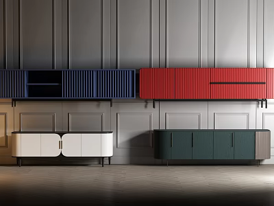 Modern TV Stand Design With Vertical Stripes Multiple Colors Wall Mounted And Floor Units 3d model