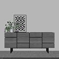 Modern Wooden Entryway Cabinet Sideboard With Gray Finish Black Legs Green Plant And Decorative Painting