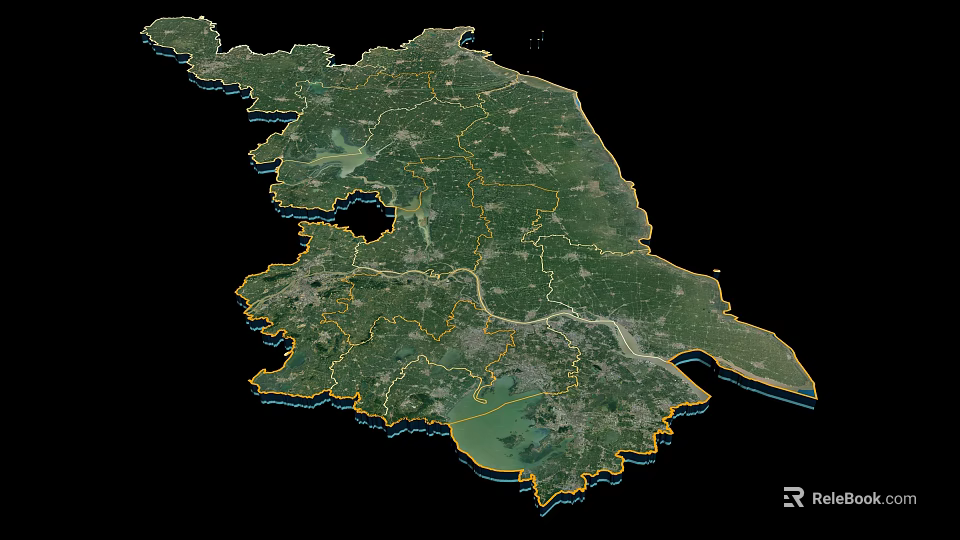 3D Map Themed Wall Decor With Green Land Yellow Borders And Black Background 3d model