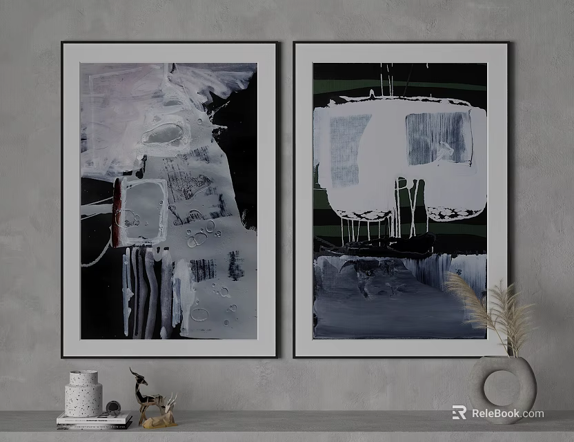 Two Framed Abstract Artworks On Gray Wall With Decorative Items 3d model 