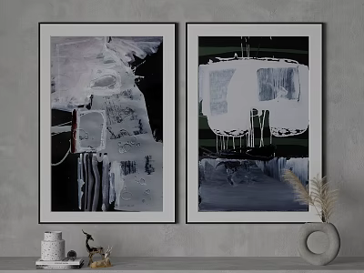 Two Framed Abstract Artworks On Gray Wall With Decorative Items 3d model