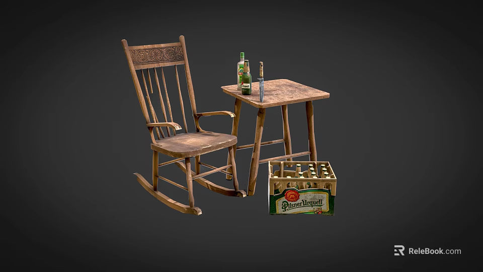 Wooden Rocking Leisure Chair With Side Table Bottles And Beer Crate 3d model 