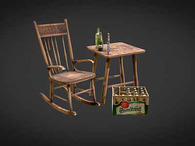 Wooden Rocking Leisure Chair With Side Table Bottles And Beer Crate 3d model