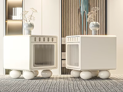 Modern Minimalist White Cube Bedside Tables With Round Ball Feet And Vases With Dried Flowers 3d model