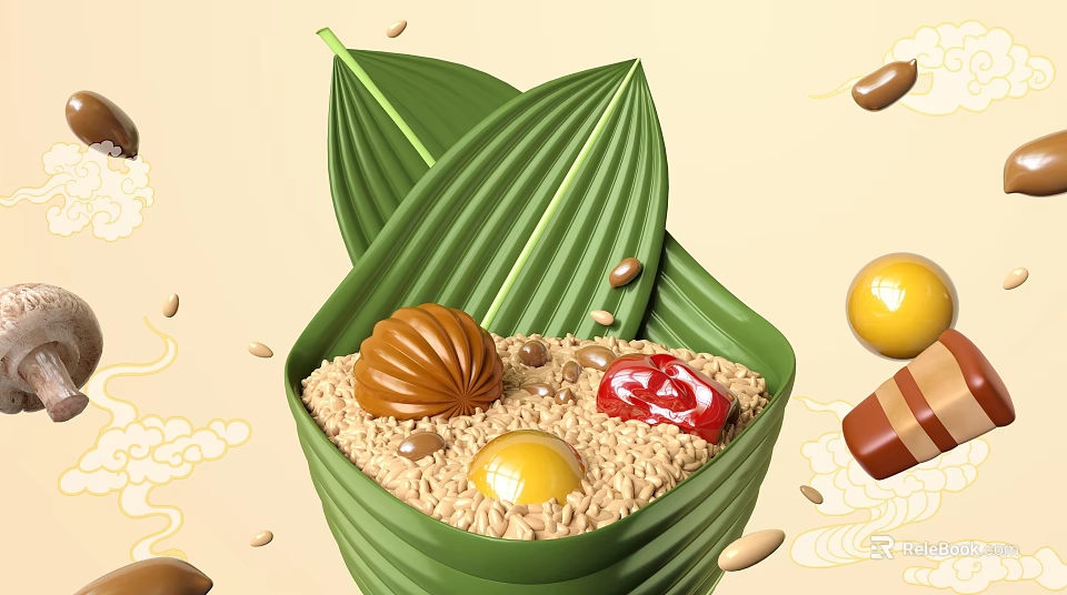 Traditional Glutinous Rice Dumpling Wrapped In Bamboo Leaves With Chestnuts Egg Yolk And Red Dates 3d model 