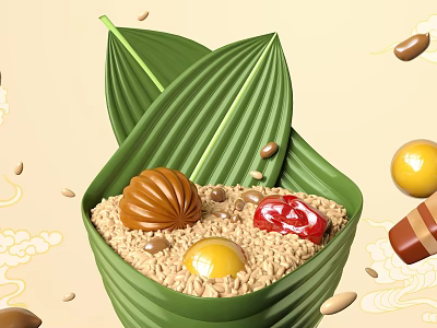 Traditional Glutinous Rice Dumpling Wrapped In Bamboo Leaves With Chestnuts Egg Yolk And Red Dates 3d model