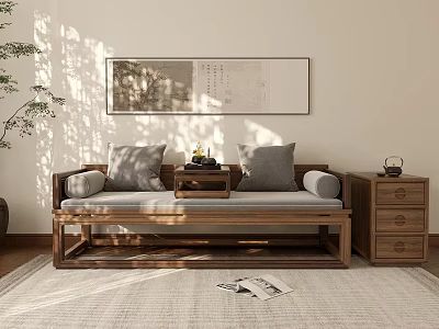 Traditional Chinese Wooden Daybed With Gray Pillows Tea Table And Wall Painting In Sunlit Room 3d model