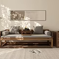 Traditional Chinese Wooden Daybed With Gray Pillows Tea Table And Wall Painting In Sunlit Room