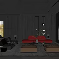 Modern Living Room With Black Walls Large Windows Green Plants Gray Red Sofas And Fireplace