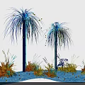 Floral Display Featuring Blue Palm Like Plants Colorful Grasses And Blue Water Surface