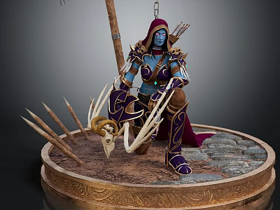 Blue Skinned Armored Game Character With Bow Claws Bones And Spikes On Stone Pedestal 3d model