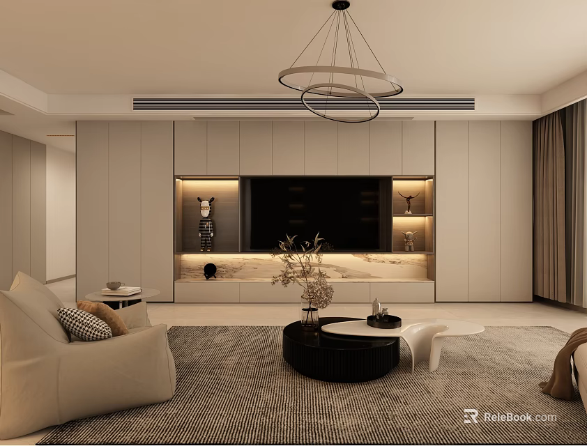 Modern Living Dining Room Interior With Chandelier TV Wall Sofa And Coffee Table 3d model 