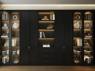 Modern Luxury Black Bookcase With Glass Shelves Lighting And Decorative Books 3d model