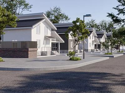 White Exterior Detached Villa With Black Roof Tree Surrounded Paved Road And Street Lamp 3d model