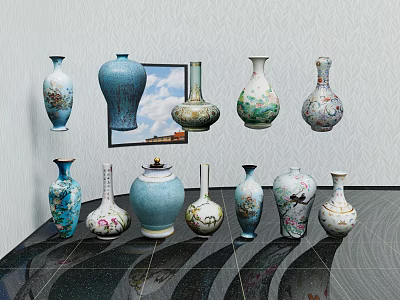 Colorful Ceramic Vessels with Diverse Patterns and Shapes in Interior Setting 3d model