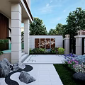 Traditional Japanese Garden Landscape with Wooden Structure Dry Stone Path Green Plants And Colorful Flowers