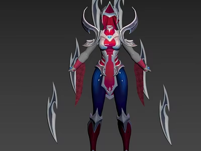 Woman in red blue white fantasy warrior armor with wing like structures and sharp blades 3d model