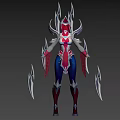 Woman in red blue white fantasy warrior armor with wing like structures and sharp blades