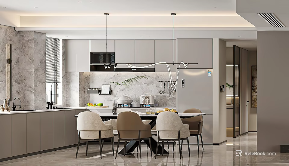 Elegant Modern Luxury Kitchen Interior With Marble Countertop And Pendant Lights 3d model 