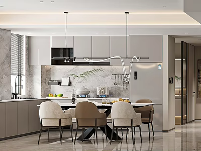 Elegant Modern Luxury Kitchen Interior With Marble Countertop And Pendant Lights 3d model