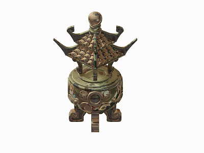 Traditional Bronze Ornament Decorative Piece Set With Pagoda Top Three Legged Base And Carved Patterns 3d model