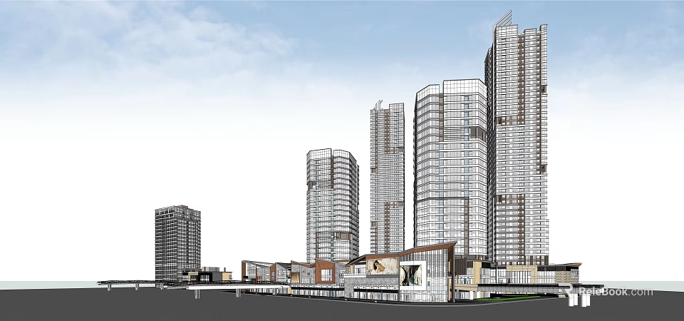 Modern High Rise Office Buildings With Glass Curtain Walls And Low Rise Supporting Facilities 3d model 