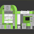 Green And White Exhibition Stand With Curved Archway Display Counters And Units