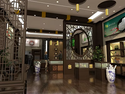 Chinese Style Specialty Store Interior With Traditional Decorations And Jade Display Cabinets 3d model
