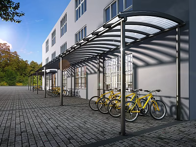 Bicycle Parking Canopy with Transparent Roof Steel Frame for Yellow Bicycles Parked Under Building 3d model
