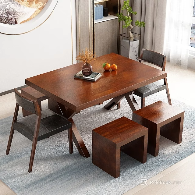 Modern Wooden Dining Table Set With Chairs Stools Vase Fruits Book And Natural Light 3d model 