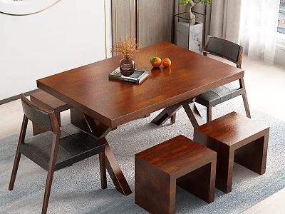 Modern Wooden Dining Table Set With Chairs Stools Vase Fruits Book And Natural Light 3d model