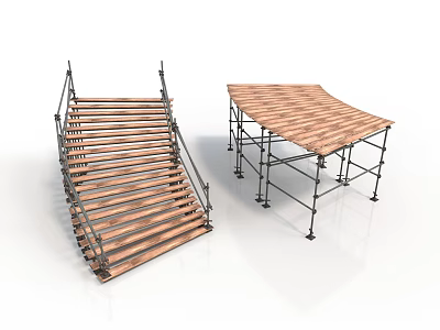 Construction Scaffolding System Featuring Wooden Planks Staircase And Platform Design 3d model