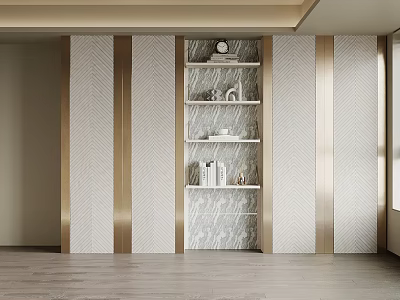 Modern Built in Bookcase With Marble Shelves And Gold Accent Striped Panels 3d model