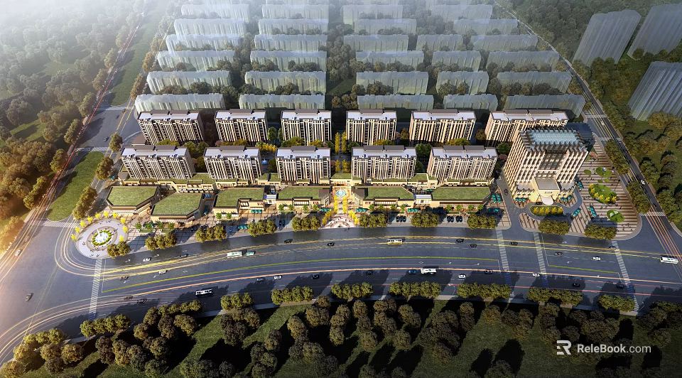 Aerial View Planning of Neatly Arranged Residential Buildings With Greenery and Roads 3d model 