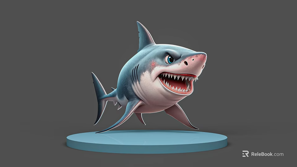 Cartoon Style Shark 3D Model With Open Mouth And Sharp Teeth On Blue Base 3d model 
