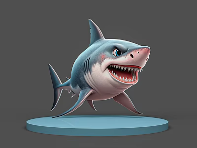 Cartoon Style Shark 3D Model With Open Mouth And Sharp Teeth On Blue Base 3d model