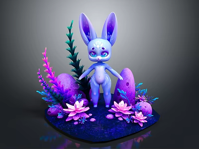 Fantasy Blue Rabbit Game Character With Large Ears Surrounded By Purple Pink Flowers Green Plants 3d model