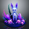 Fantasy Blue Rabbit Game Character With Large Ears Surrounded By Purple Pink Flowers Green Plants