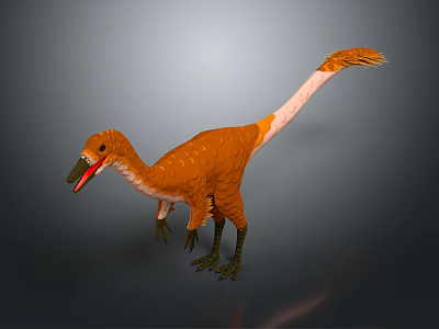 Feathered Dinosaur 3D Model With Orange Feathers Long Tail Open Mouth And Green Legs 3d model