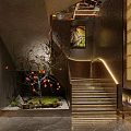 Sophisticated Restaurant Interior With Staircase Decorative Tree Stone Floor Lighting And Grid Windows 3d model