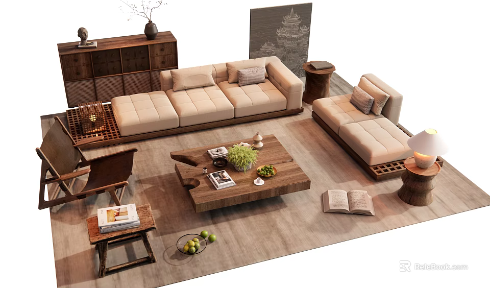 Modern Beige Sofa And Wooden Coffee Table With Decorative Pillows Side Tables And Green Plants 3d model 