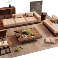 Modern Beige Sofa And Wooden Coffee Table With Decorative Pillows Side Tables And Green Plants