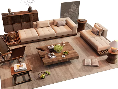 Modern Beige Sofa And Wooden Coffee Table With Decorative Pillows Side Tables And Green Plants 3d model