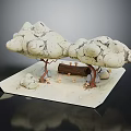 Cartoon Scene Featuring Cloud Shaped Trees Wooden Box And Small Decorative Items On Surface 3d model