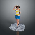 Character Wearing Straw Hat Yellow Striped Shirt Blue Shorts Holding Camera on Gray Stone Platform